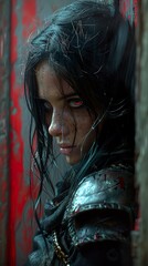 Wall Mural - Intense Portrait of a Female Warrior with Red Eyes