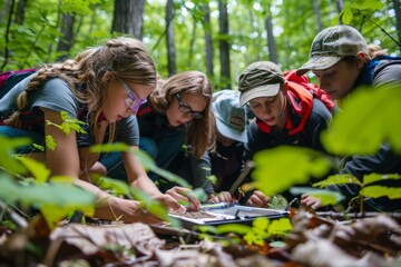 Students learning outdoors in forest, hands-on activities such as environmental science experiments, benefits of outdoor education in fostering connection to natural world and experiential learning. M
