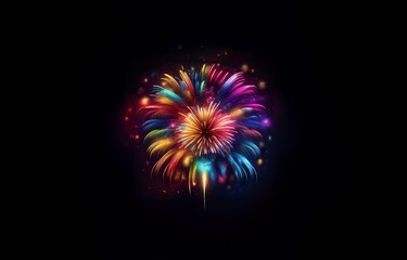 A single firework explodes in a colorful burst against a dark background.