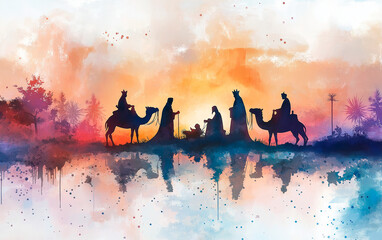 Watercolor illustration of the three wise men for Christmas. Epiphany Bethlehem. Mary, Joseph and baby Jesus wallpaper.