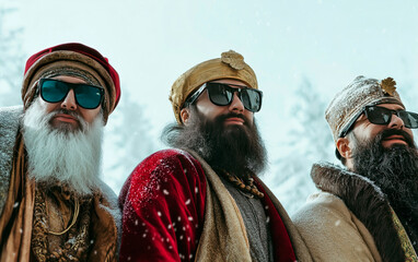 The three wise man wearing glasses on studio portrait. Merry Christmas advertisiment.