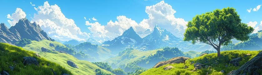 Wall Mural - Mountain Meadow With Tree.