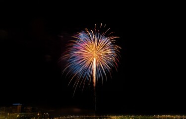 A large colorful firework explodes in the night sky.