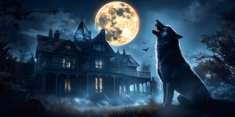 Howling werewolf under full moon in front of haunted house, werewolf, full moon, howling, haunted house, spooky