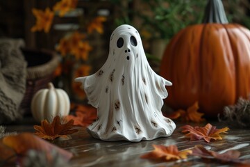 Spooky Ghost Halloween Tabletop Decor with Pumpkin and Figurine