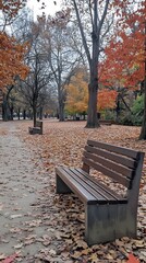 A photograph of two wooden benches placed on an autumn park path, surrounded by fallen leaves in shades of orange and brown