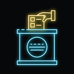 Poster - Neon sign icon of a hand putting a voting paper in the ballot box on a black background