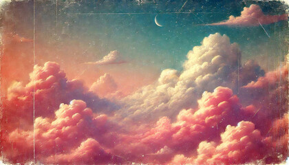 Sticker - Vibrant pink and orange clouds fill the sky, illuminated by a soft crescent moon against a calming blue backdrop. The scene evokes a dreamlike, serene atmosphere with a touch of whimsy. AI generated.