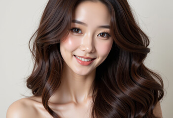 Smiling young woman with flowing brown hair, neutral background.