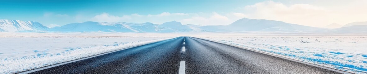 Wall Mural - A stunning winter road stretches through a snowy landscape, framed by distant mountains and a clear blue sky, evoking a sense of tranquility and adventure.