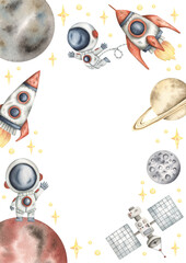 Wall Mural - Space watercolor hand-drawn frame with little astronauts, rockets, planets and stars. Cute cartoon composition for kids