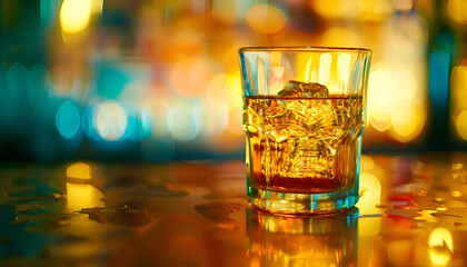 Wall Mural - Close-up of a glass of whiskey on a bar counter, caustic light reflections creating dynamic patterns on the surface, rich amber colors, cozy and inviting bar atmosphere