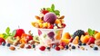 © Intach - Wide banner of a cup with multi-color fruit and nut sorbet, fresh fruits and nuts surrounding on a white background