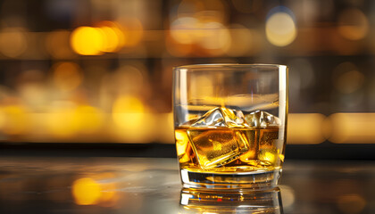 Wall Mural - Close-up of a glass of whiskey on a bar counter, caustic light reflections creating dynamic patterns on the surface, rich amber colors, cozy and inviting bar atmosphere