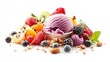 © Intach - Wide banner of multi-color fruit and nut ice cream sorbet in a cup, surrounded by fresh fruits and nuts on a white background