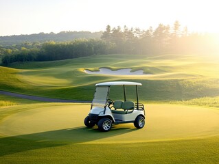 A serene golf course scene featuring a golf cart parked on the green under the warm glow of the morning sun.