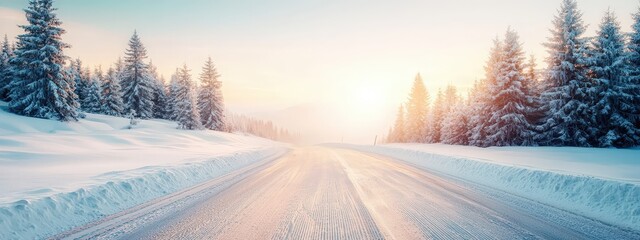 Wall Mural - A tranquil winter scene featuring a snowy road surrounded by frosted trees at sunrise, exuding calmness and the beauty of nature in the cold season.