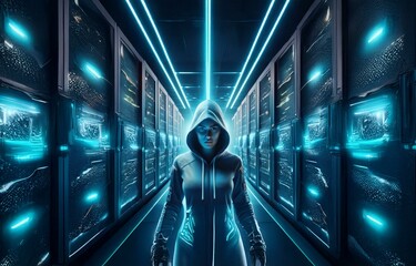 A hooded figure stands in the middle of a long, dark hallway illuminated by blue neon lights, flanked by rows of black servers.