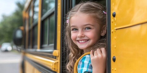 happy smiling little schoolgirl stepping into the school bus, back-to-school joy and first-day excitement, starting her school journey with a cheerful attitude and a bright smile