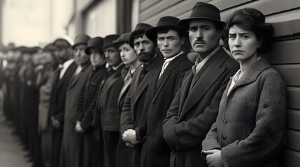 Canvas Print - Black and white photo of people waiting in line to immigrate in the early 1900s