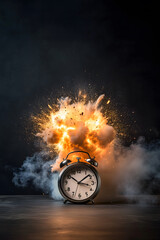 exploding analog alarm clock on a black background with copy space above. deadline concept - vertica