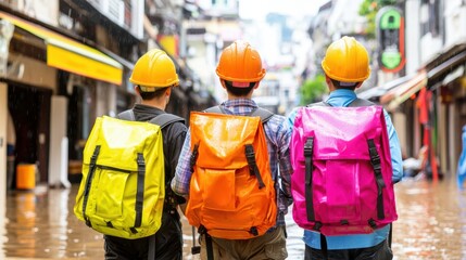 Colorful Backpackers in Rainy Urban Scene