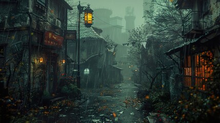 Wall Mural - Rainy Night in a Medieval City - Digital Art