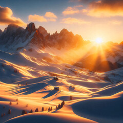 Snow-covered mountain landscape at sunrise