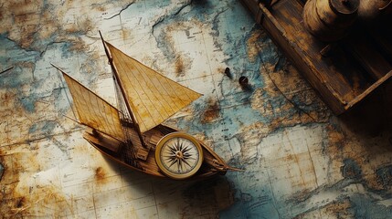 Old sailboat and compass overlay on a weathered map, evoking sea voyages and exploration.