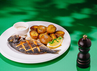 Grilled dorado fish with roasted potatoes and lemon on white plate