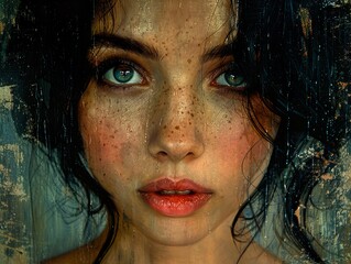 Wall Mural - Close-up Portrait of a Woman with Green Eyes and Freckles