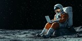 an astronaut sitting on the moon surface on a small rock on the right third of the image, wearing an orange spacesuit, white helmet, white boots and gloves. He has a laptop on his knees and is typing.