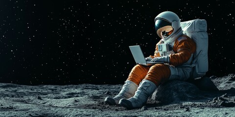 an astronaut sitting on the moon surface on a small rock on the right third of the image, wearing an