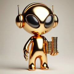 a cute and cool gold shinny metallic futuristic Alien AI character