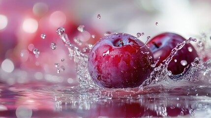 Wall Mural - Fresh plum fruit splashing into clear water, with vibrant juice droplets flying around, creating a refreshing scene.