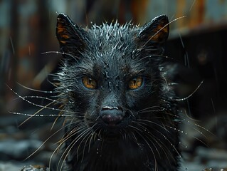 Sticker - Close-Up Portrait of a Wet Black Cat in the Rain