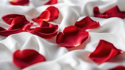 fresh rose petals on clean, soft white fabric, symbolizing romance and a smooth, luxurious feel.