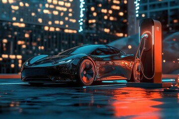 Black electric sports car charging at a station with neon lights reflecting on wet pavement in an urban city.