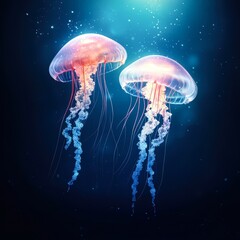 two luminous jellyfish gracefully float in an ethereal underwater scene, showcasing vibrant colors a