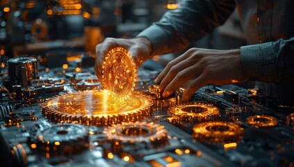 Businessman connecting gears with a digital hologram, creating a connection between technology and business growth concept on a modern table background. 