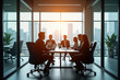 © chris3d - A group of professionals engages in a meeting around a table in a modern office, with sunlight streaming through floor-to-ceiling windows - Generative AI