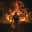 © gen_pick - Heroic Firefighter Approaching House Engulfed in Flames, Ready to Fight the Fire