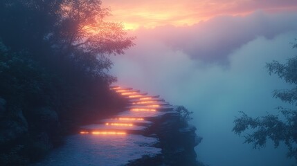 Canvas Print - Serene pathway through misty landscape at sunrise.