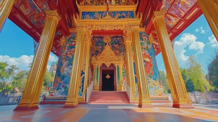 Wall Mural - The stunning entrance to Wat Hai Sok temple, adorned with intricate gold detailing and colorful murals.