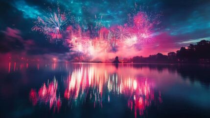 Wall Mural - Pink and Blue fireworks display reflected over a calm lake in the countryside