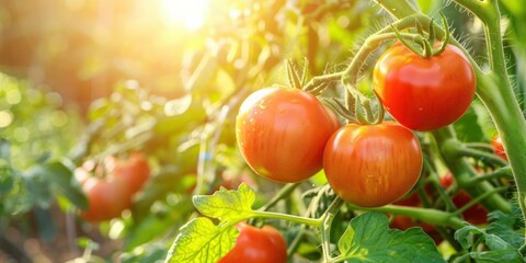 A close-up of ripe tomatoes growing on a vine, with green leaves and a sunny garden in the background