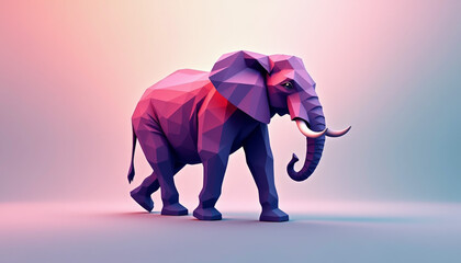 Geometric elephant figure in purple and pink lighting