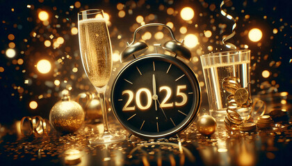 Canvas Print - A festive New Year celebration featuring a glass of champagne, a clock showing 