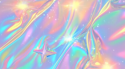 Wall Mural - Dreamy abstract star holographic background with soft blurred glowing pastel gradient, ideal for modern design projects, digital art, and ethereal aesthetic themes