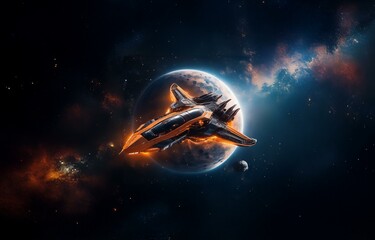 Poster - A futuristic spaceship flies past a large planet in space.